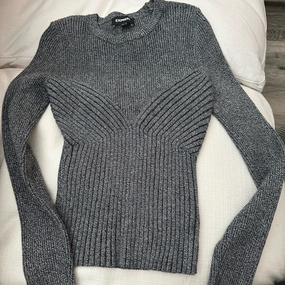 Express Gray Crew Neck Sweater with Chevron Ribbing